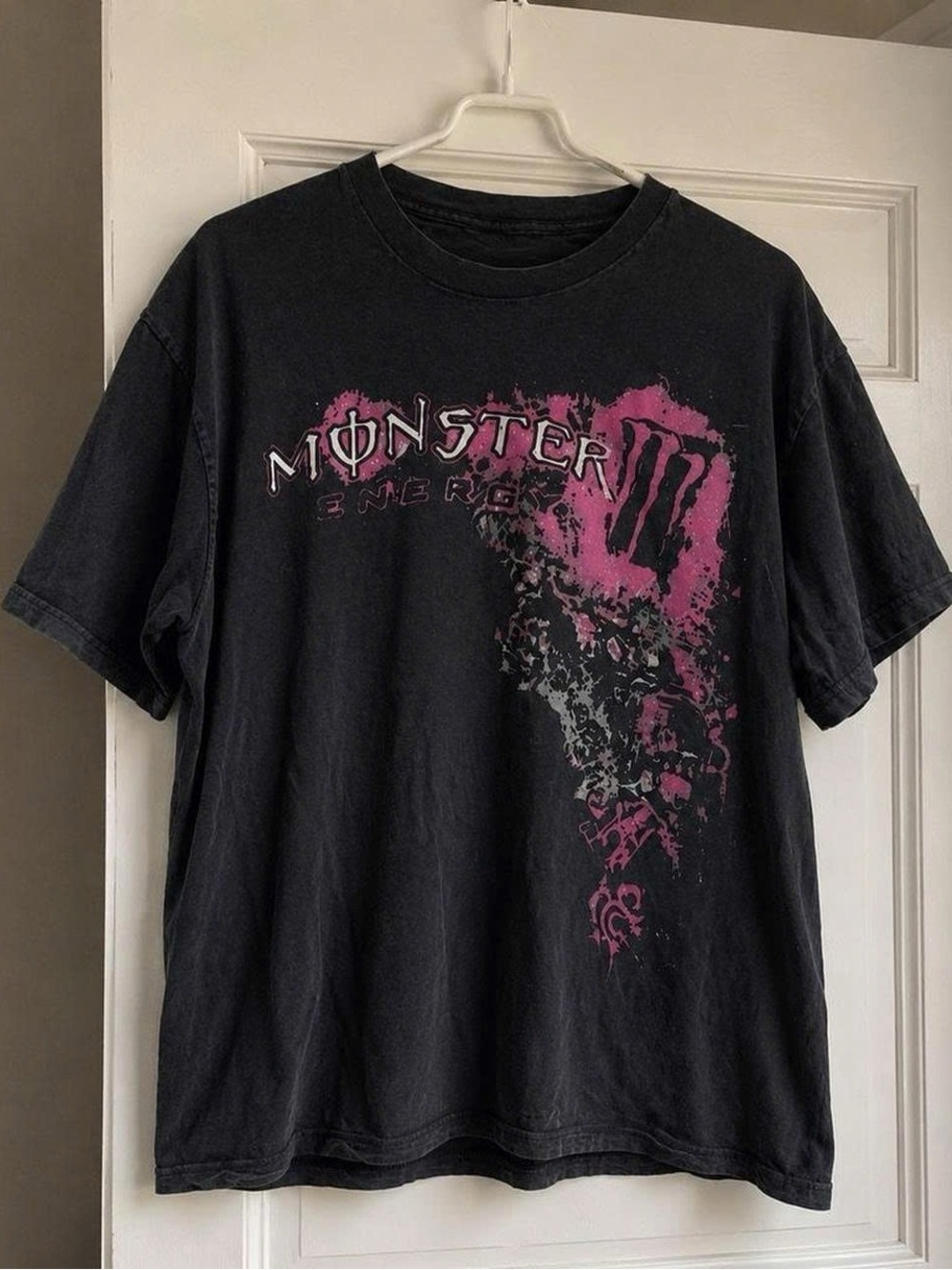 Black Short-Sleeve Monster Graphic Tee with Pink Accent